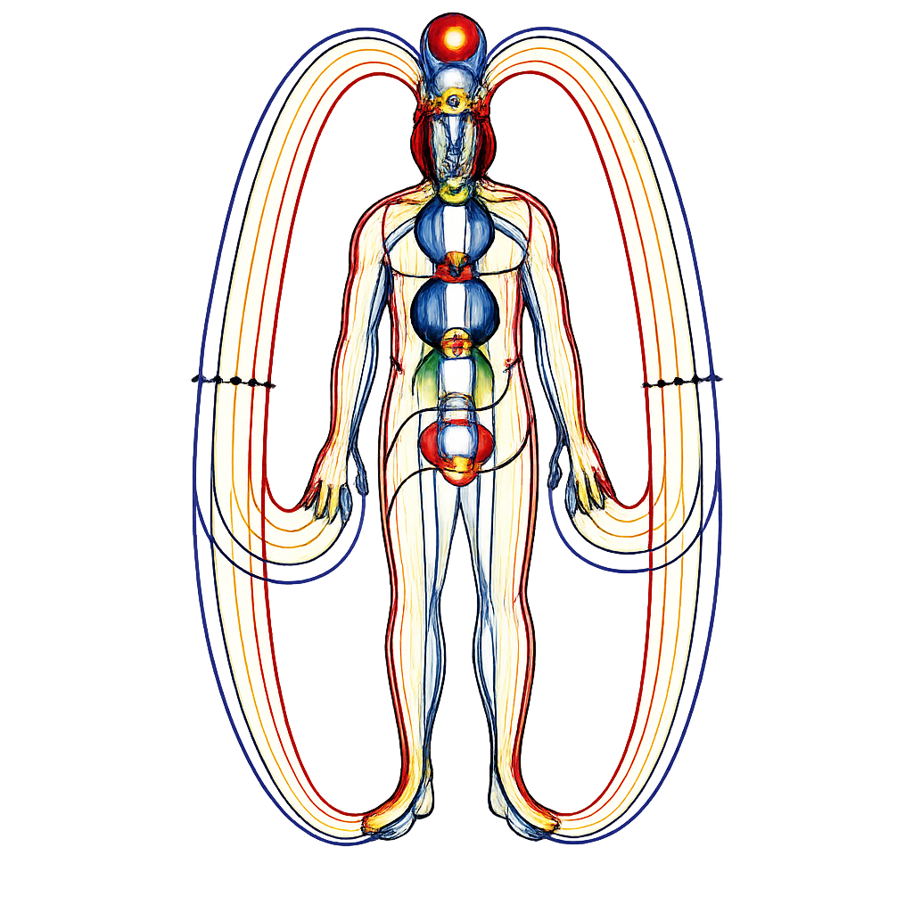 Illustration of the human energy field showing chakras and toroidal energy currents